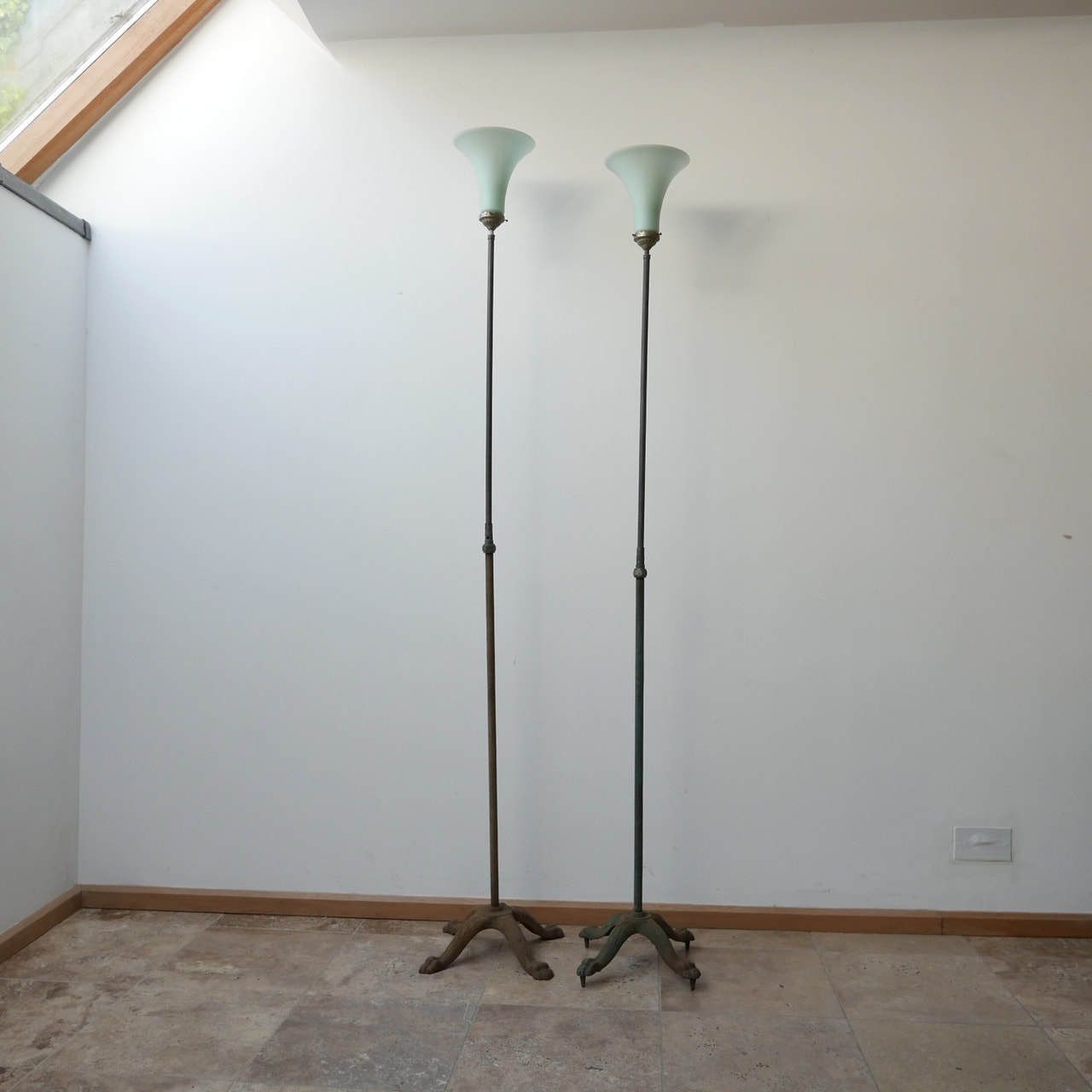 750.0 Antique Dutch Uplighter Glass Shade Floor Lamps (2) photo