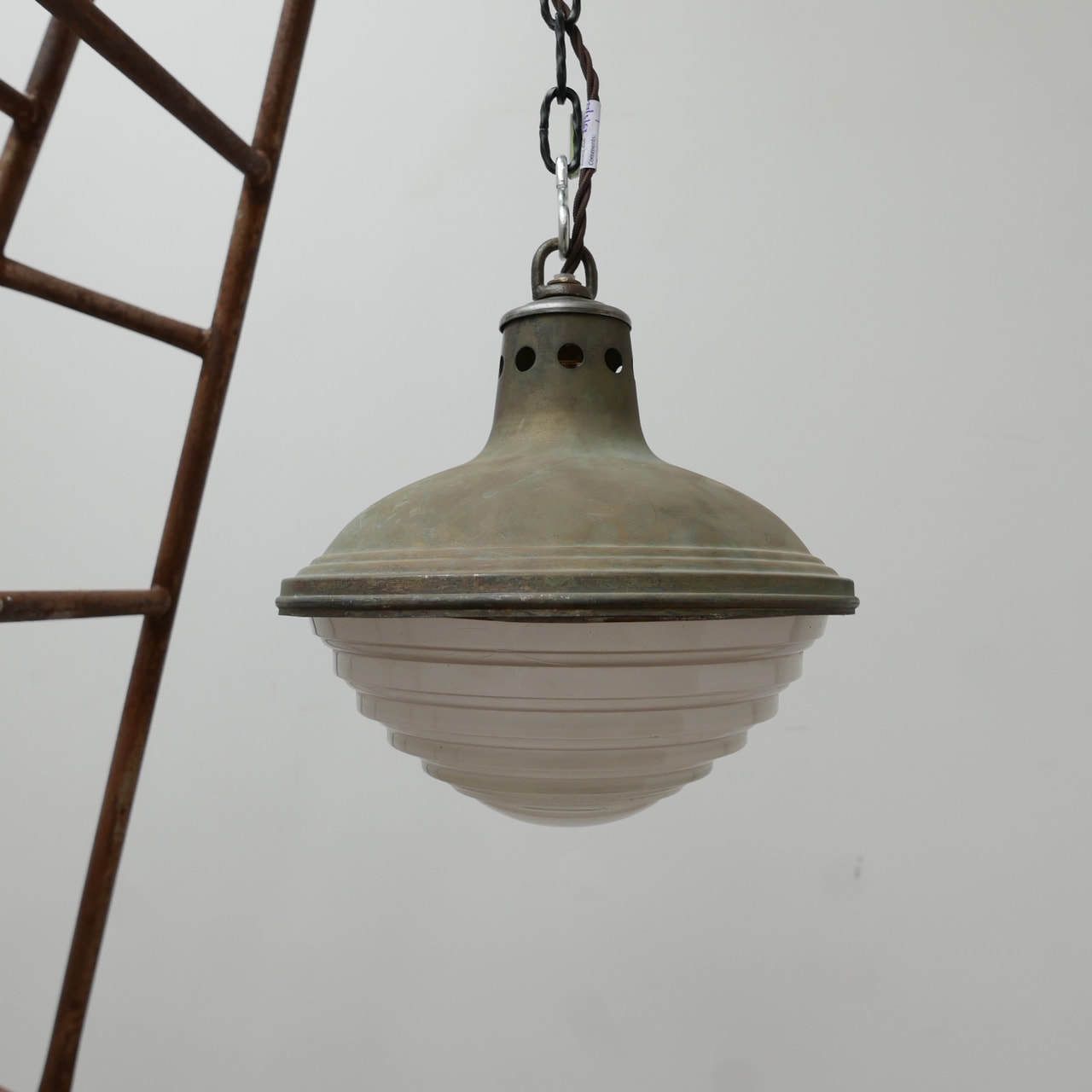 Patinated Metal And Glass Holophane Pendant Lights (3)