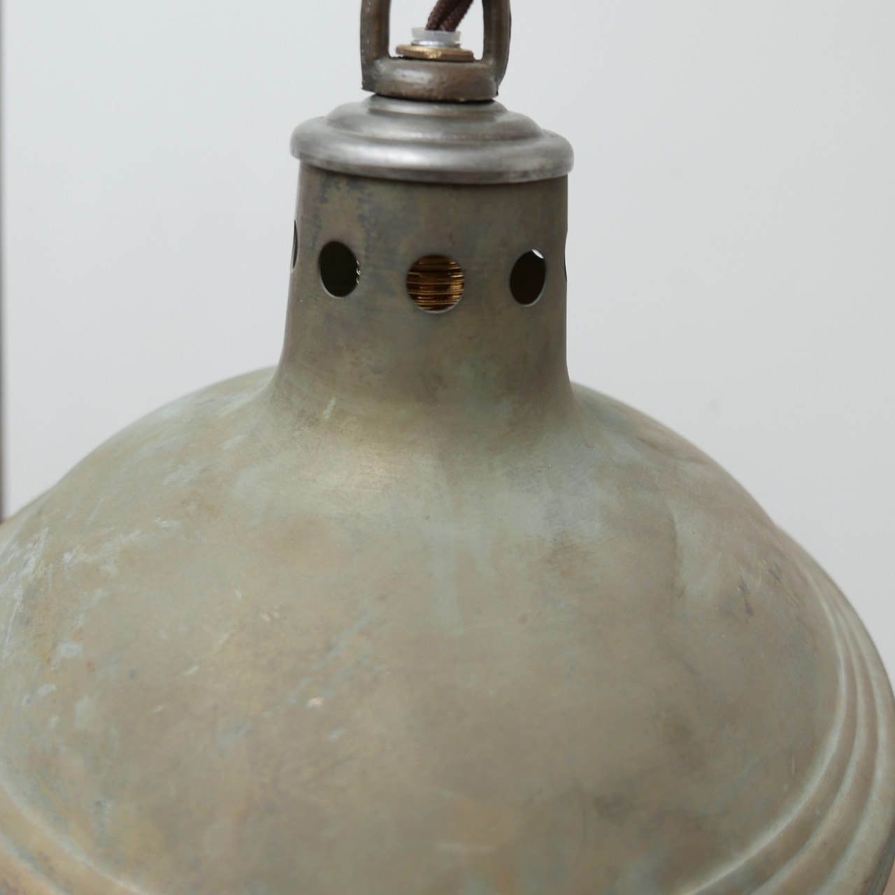 Patinated Metal And Glass Holophane Pendant Lights (3) photo Lighting