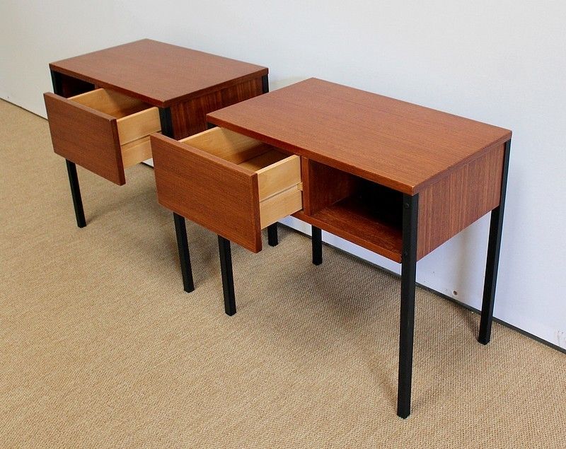 Pair Of Teak Bedside Tables Or Ends Of Sofa, Minvielle Taste, 1960s photo Furniture