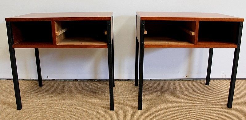 photo vintage Pair Of Teak Bedside Tables Or Ends Of Sofa, Minvielle Taste, 1960s