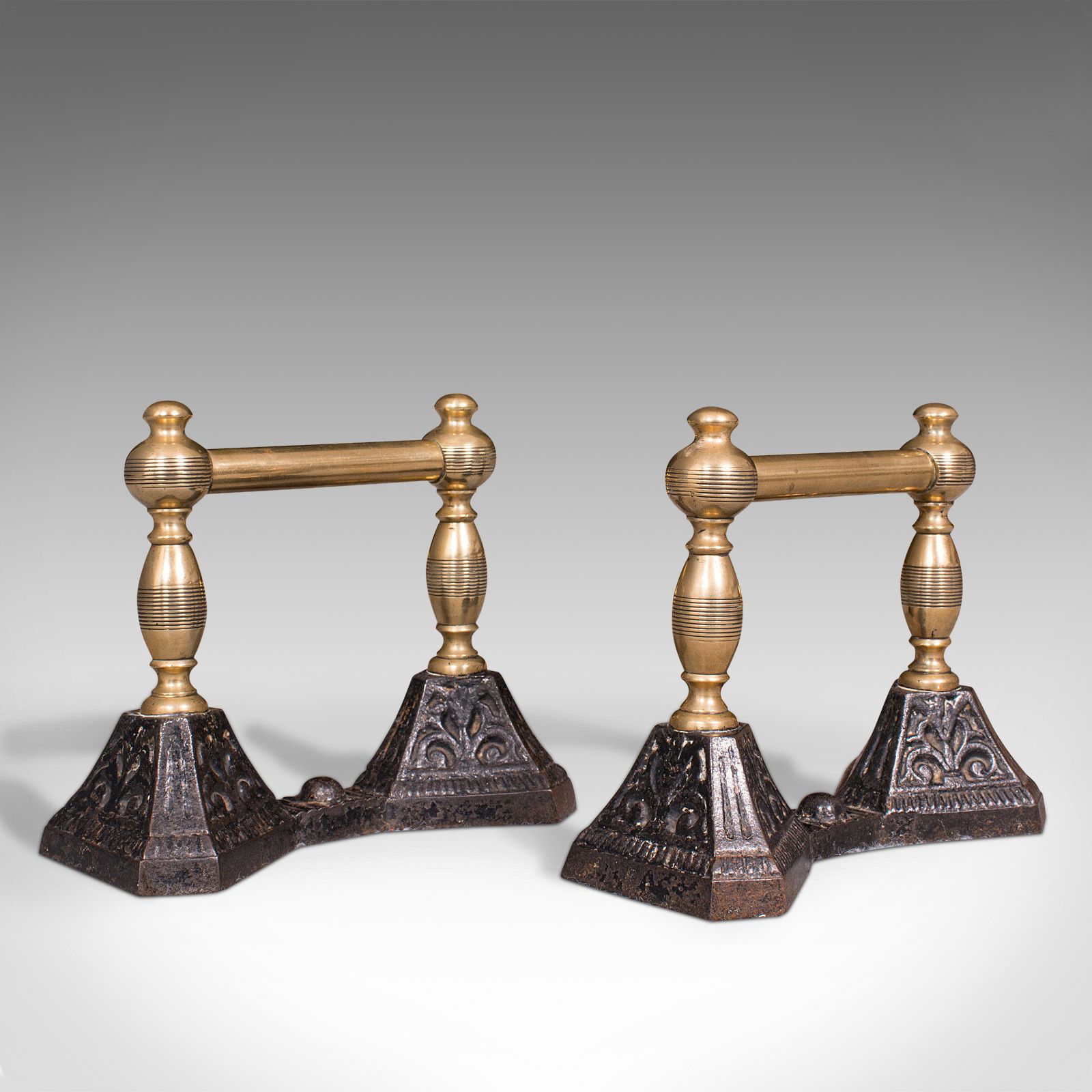 Pair Of Antique Fireside Tool Rests, English, Brass, Iron, Fire Dog, C.1880