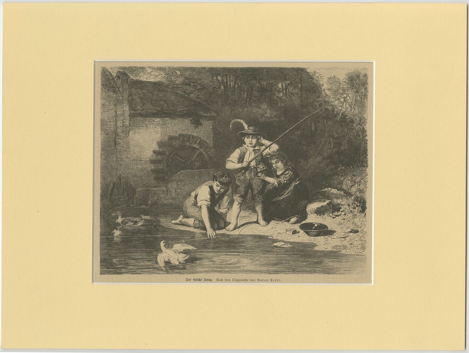 Antique Print Of Children Fishing (C.1900)