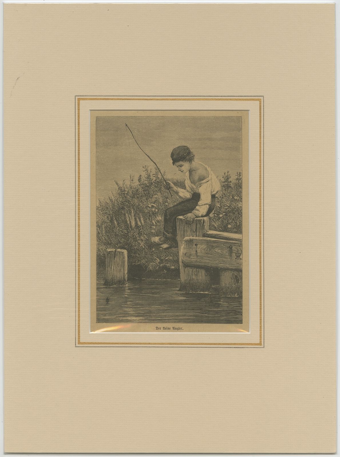 Antique Print Of A Young Boy Fishing C.1900)