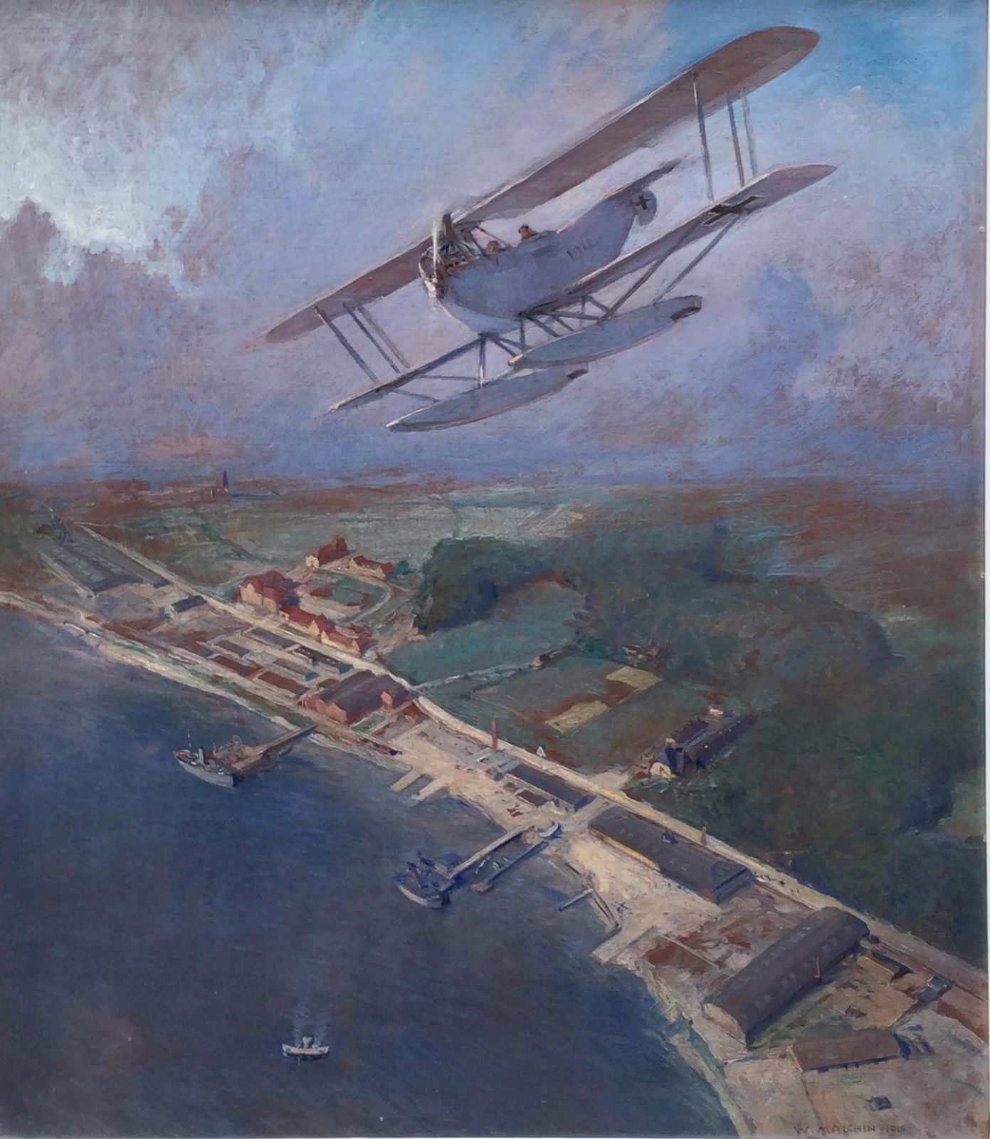 Seaplane Of The Imperial German Air Force Over The Baltic Coast, 1918' Original Oil By Carl Malchin (1838 To 1923) photo furniture