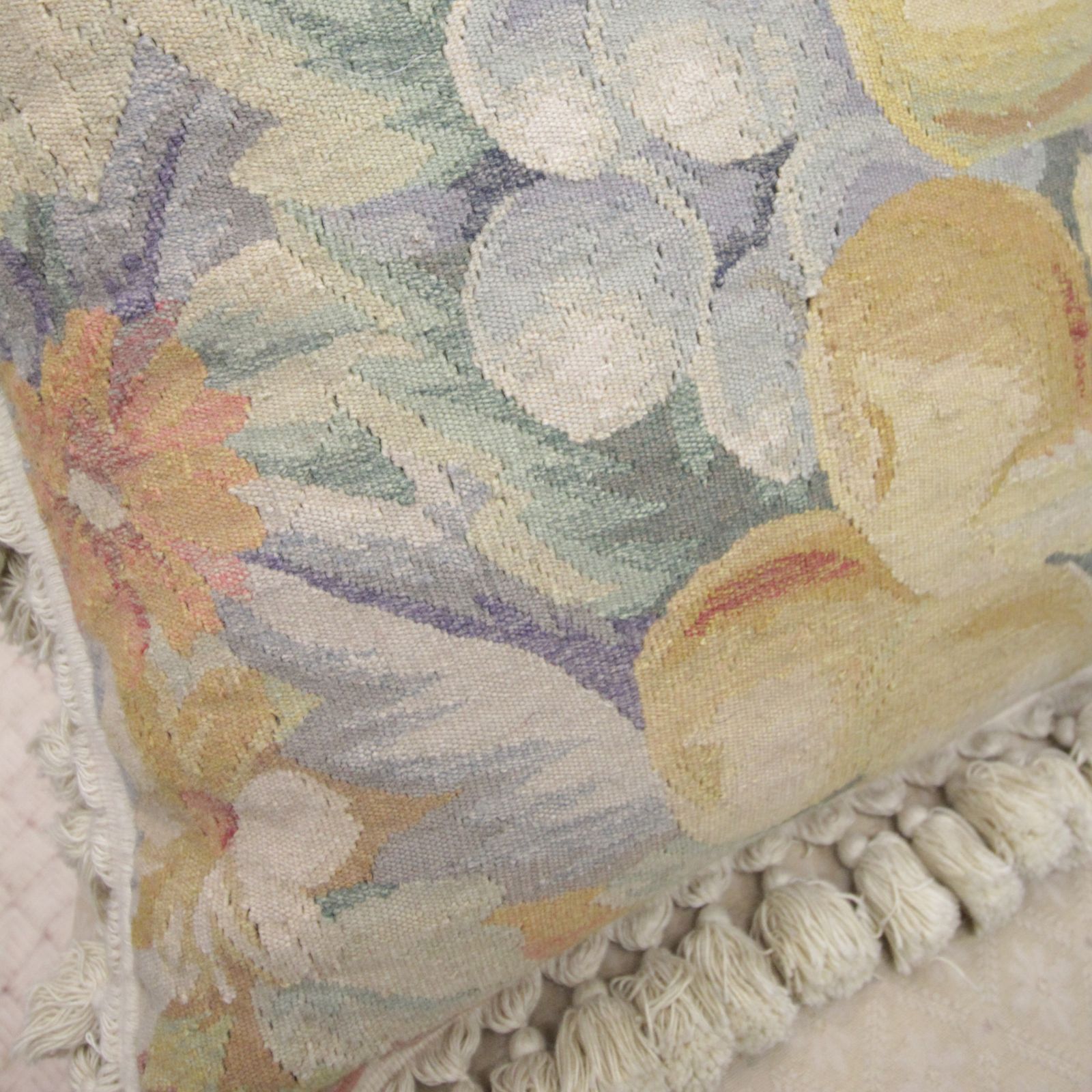 Cream Fruit French Aubusson Cushion Cover, Handwoven Needlepoint Wool Cushion photo Textiles