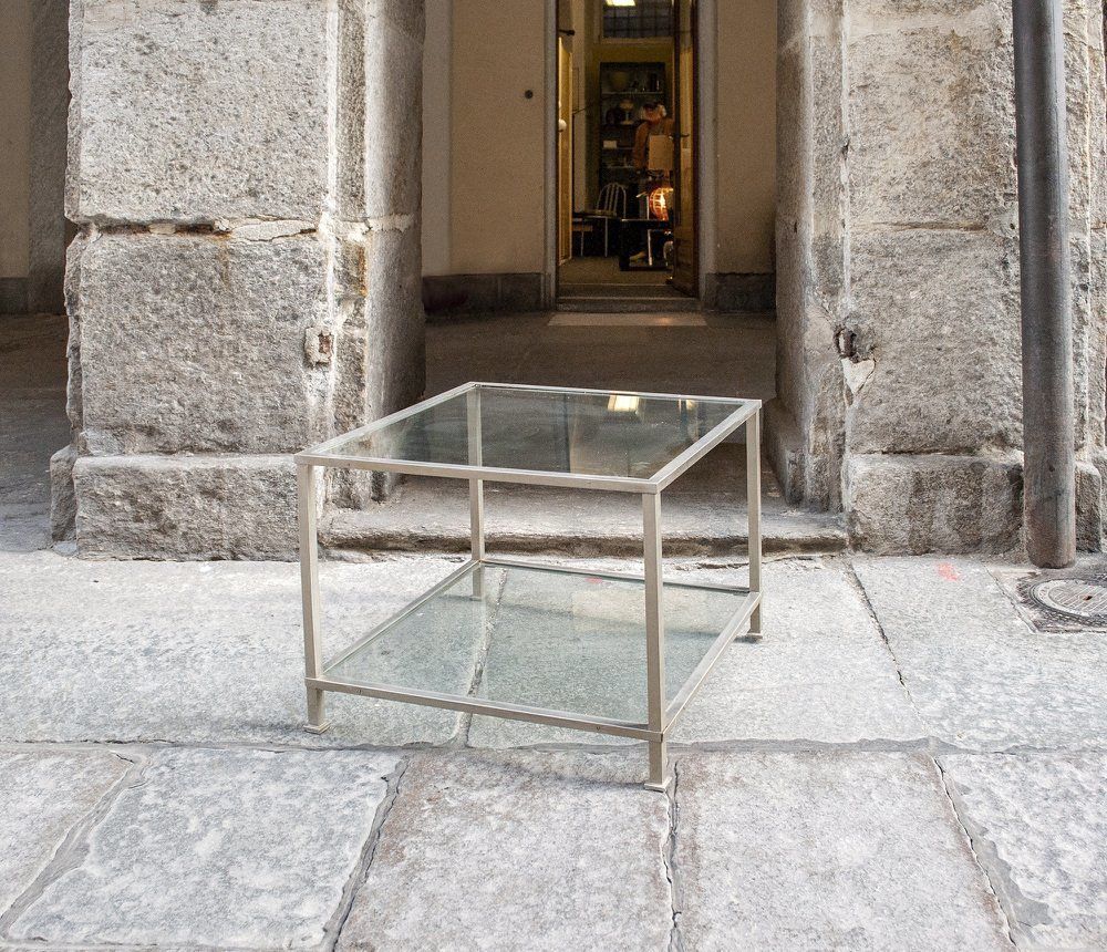 Square Table With Nickel Plated Metal Structure And Glass Shelves, Italy, 1970s photo furniture