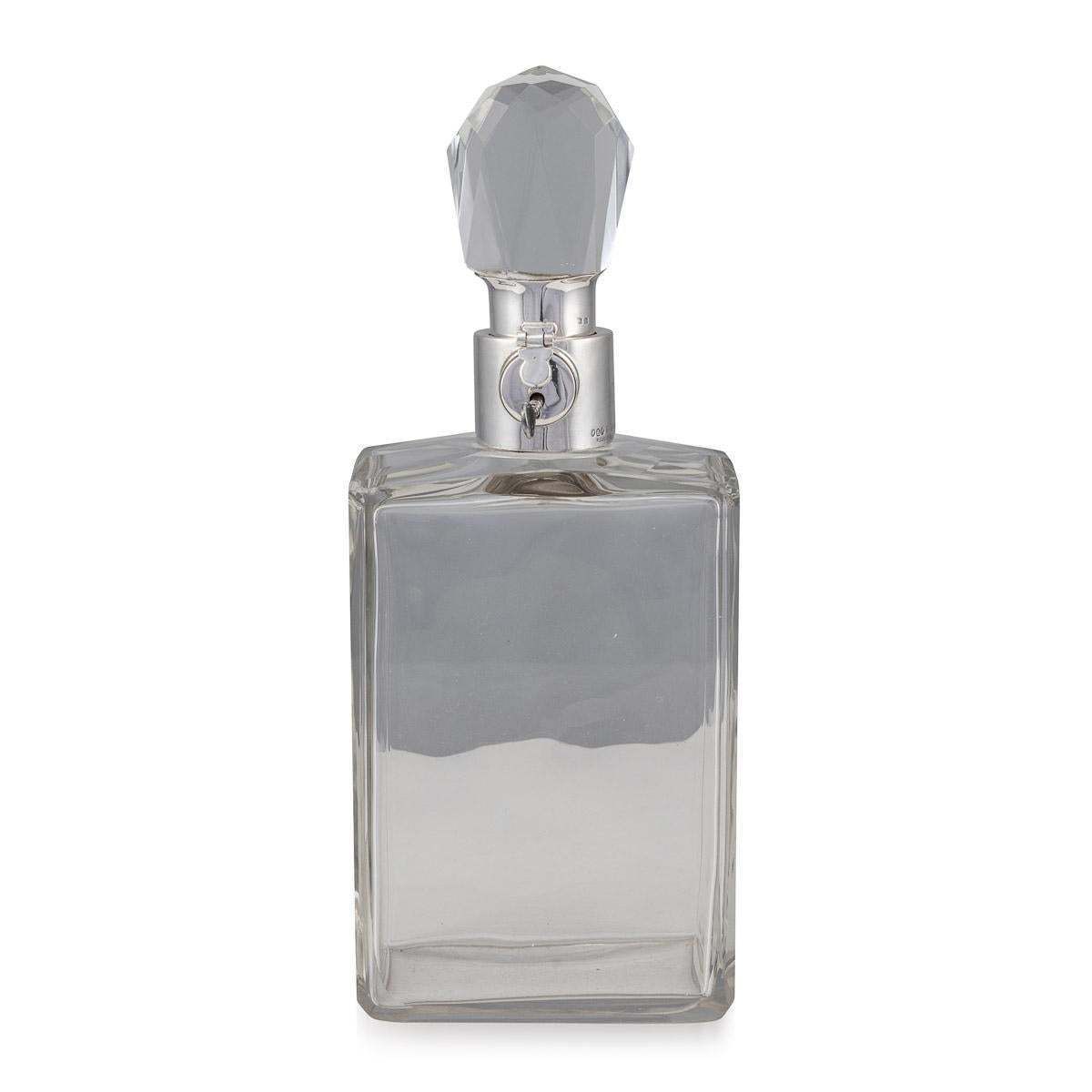 20th Century English Solid Silver & Glass Spirit Decanter With Lock & Key C.1928