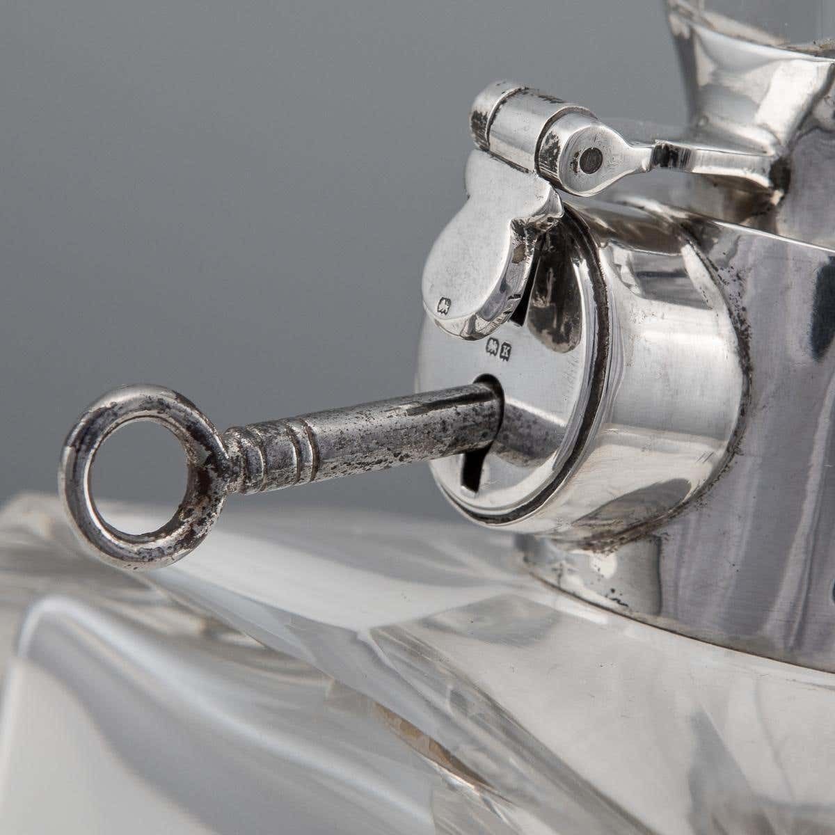 20th Century English Solid Silver & Glass Spirit Decanter With Lock & Key C.1927 photo vintage