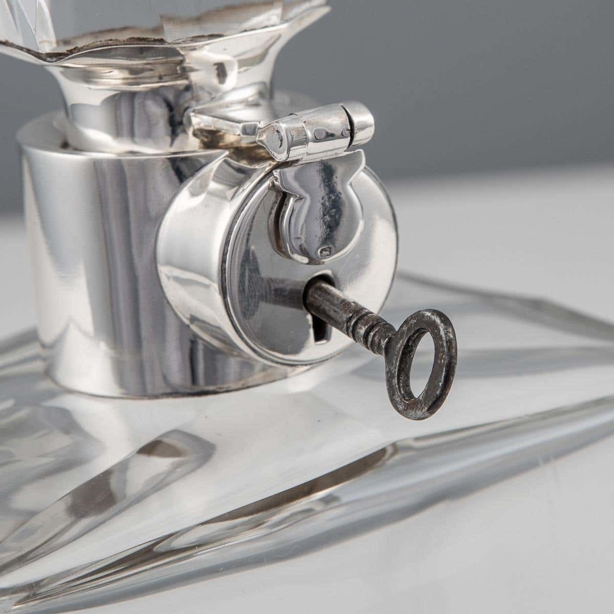 Home Decor 20th Century English Solid Silver & Glass Spirit Decanter With Lock & Key C.1934 photo