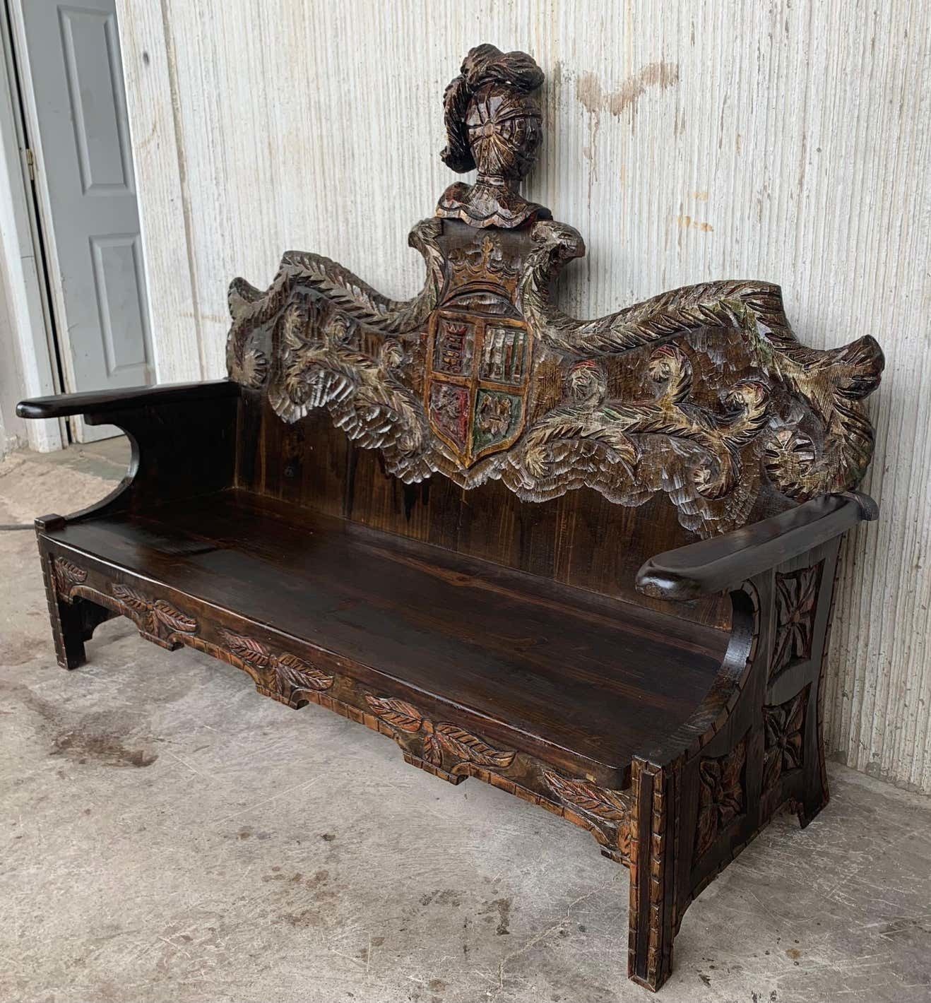 Early 20th Century Spanish Polychromed Hand Carved Oak Settee Or Park Bench