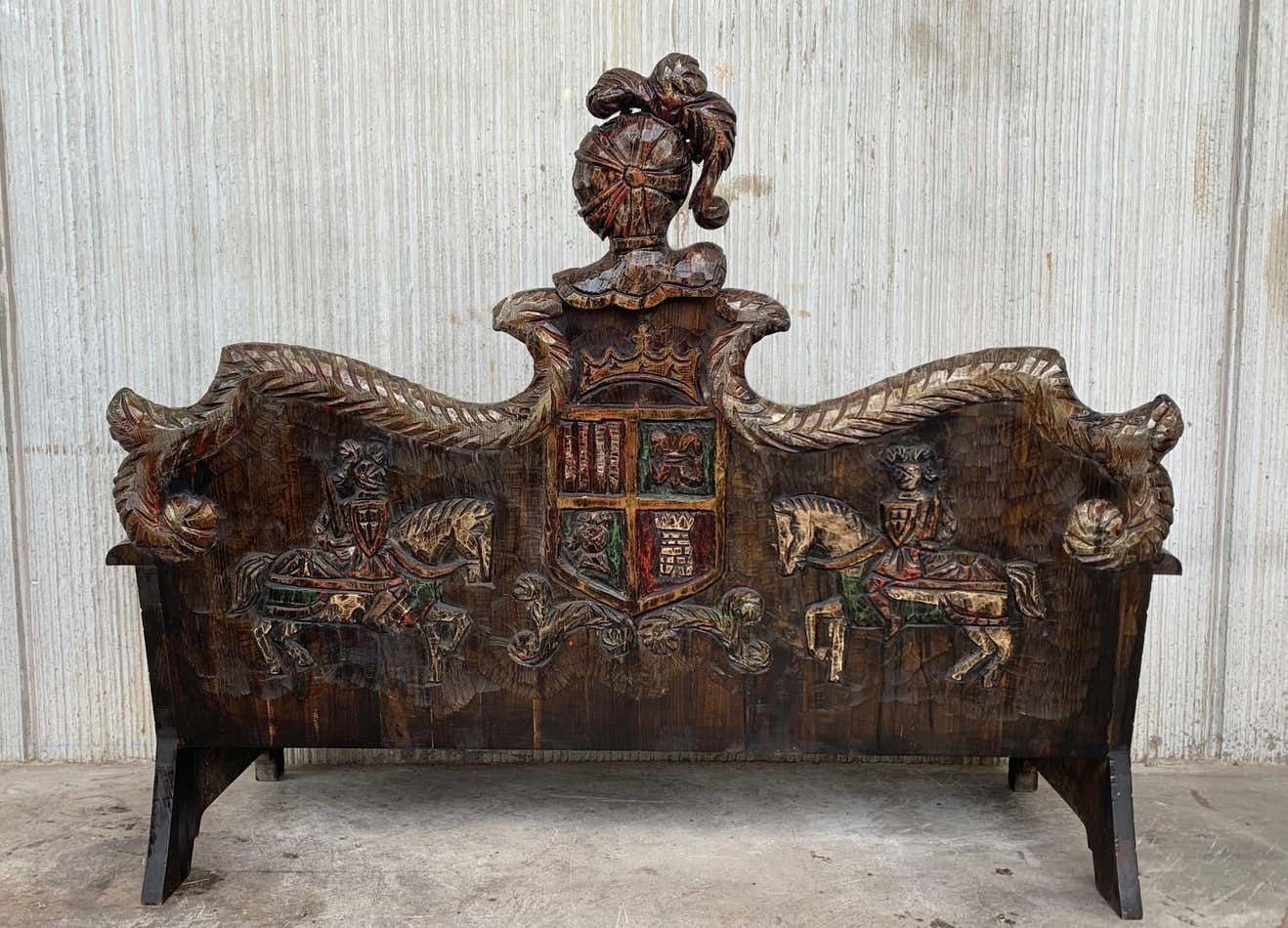 Early 20th Century Spanish Polychromed Hand Carved Oak Settee Or Park Bench photo vinterior