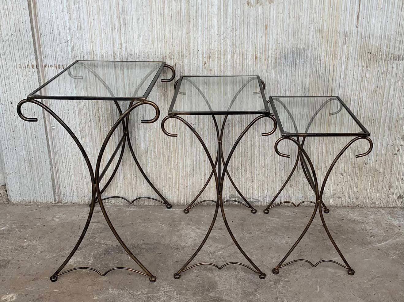 Midcentury Scrolling Iron Patio Nesting Side Tables With Glass Tops, Set Of 3 photo Furniture