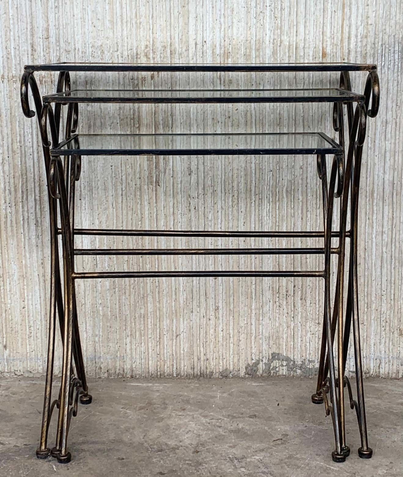 Midcentury Scrolling Iron Patio Nesting Side Tables With Glass Tops, Set Of 3 photo vintage