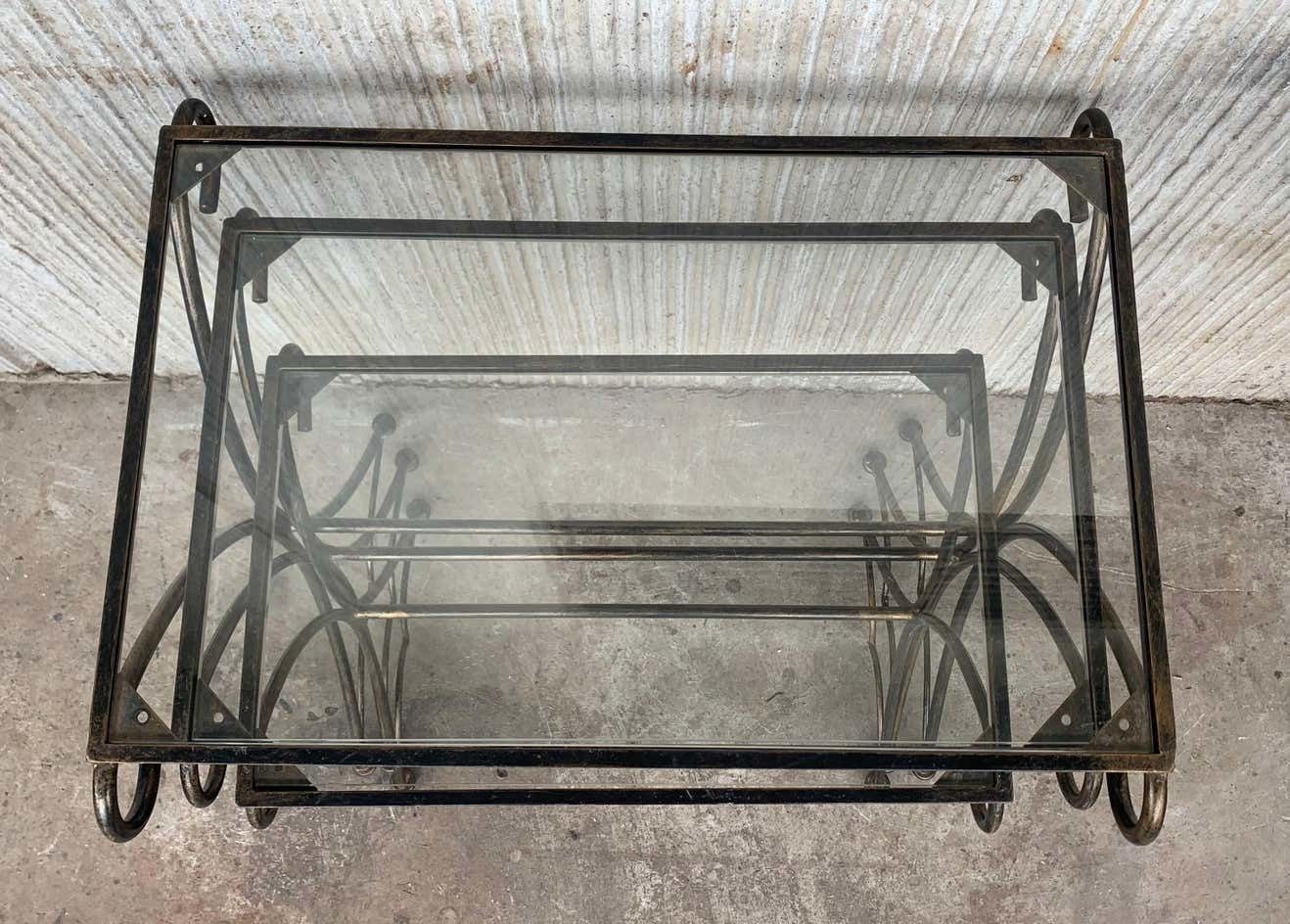 photo furniture Midcentury Scrolling Iron Patio Nesting Side Tables With Glass Tops, Set Of 3
