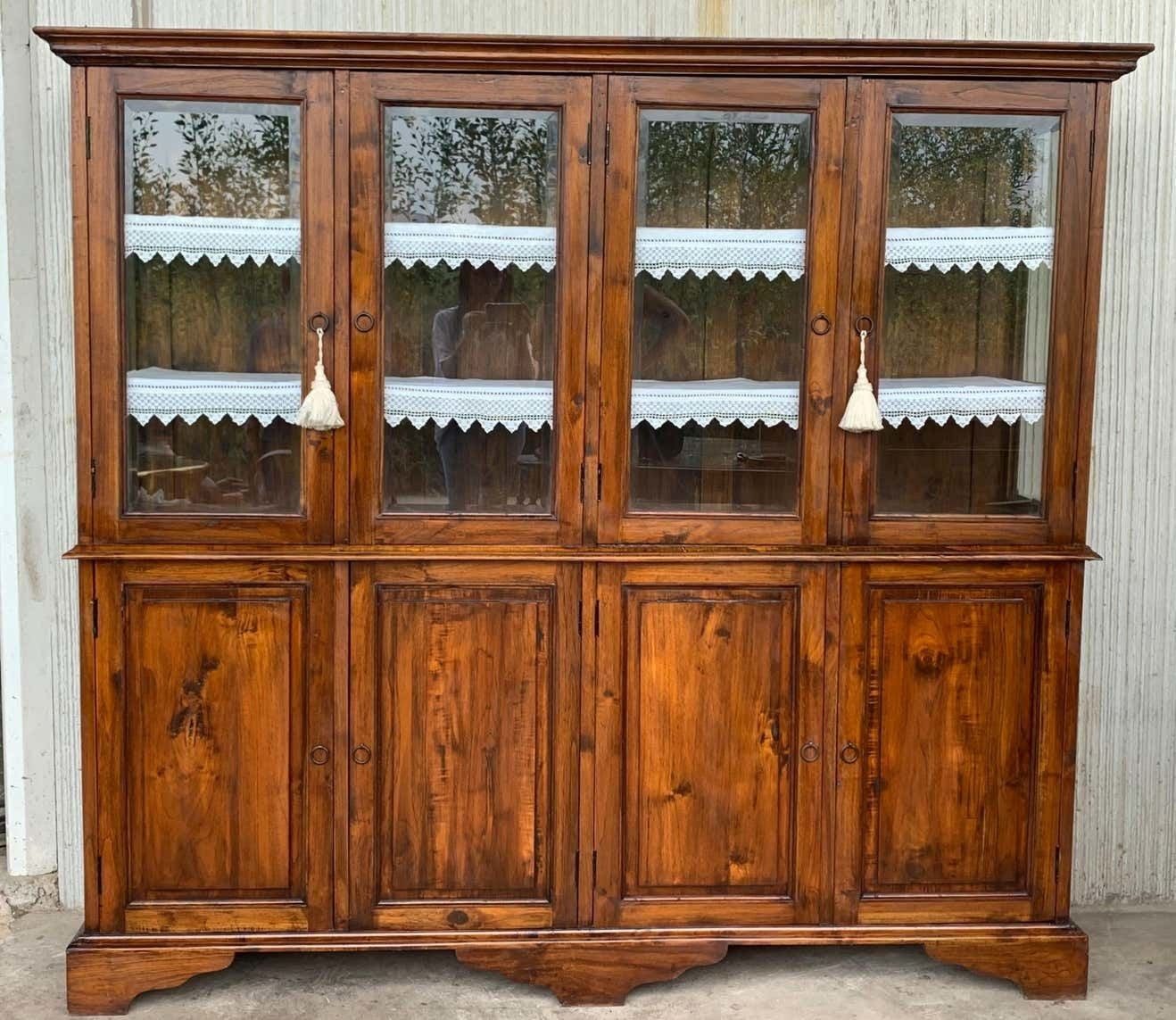 19th Century Large Cupboard Or Bookcase With Glass Vitrine, Pine, Spain Restored