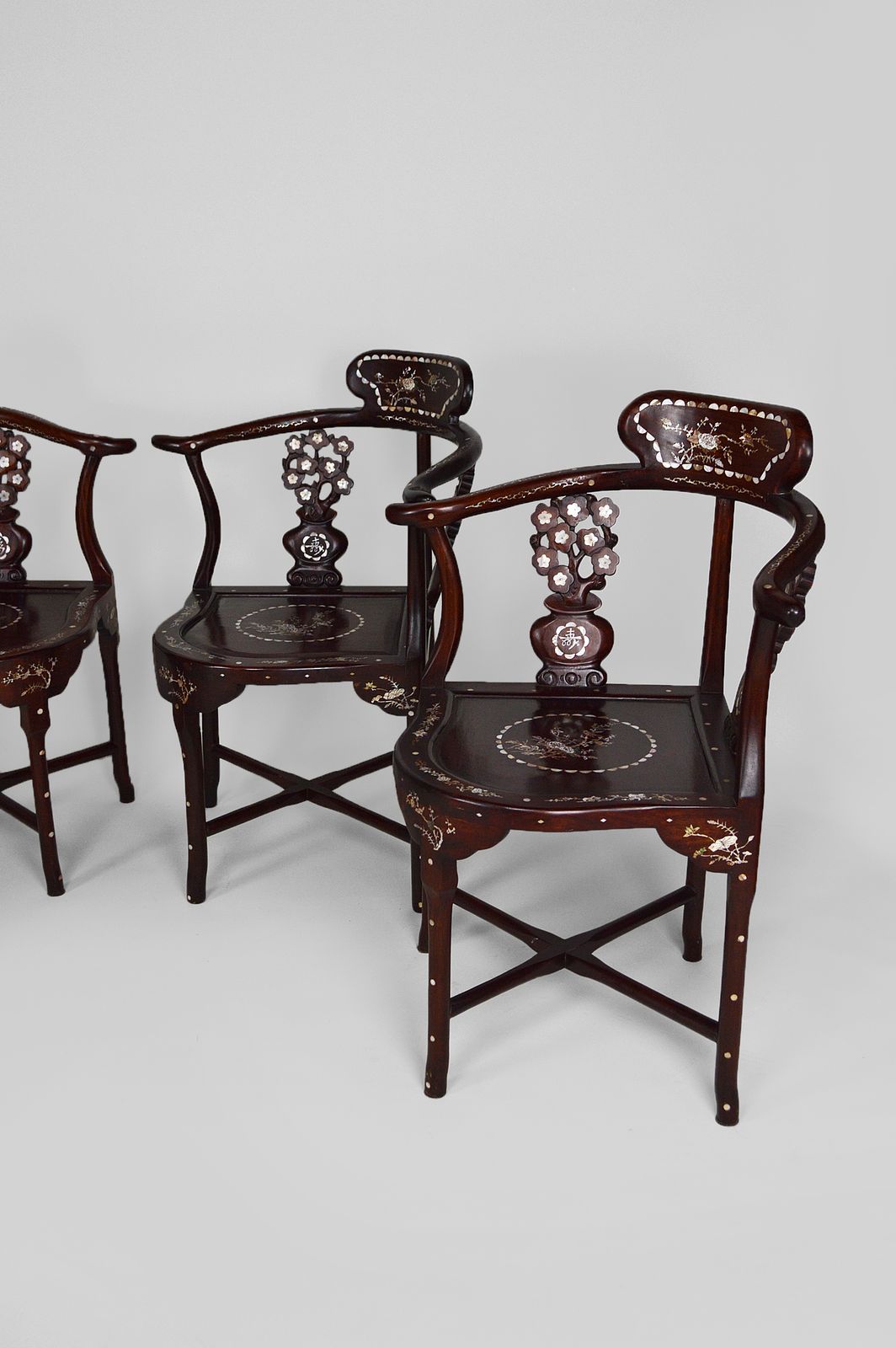 Asian Carved Inlaid Wood Armchairs, Early 20th Century, Set Of 4 photo for sale