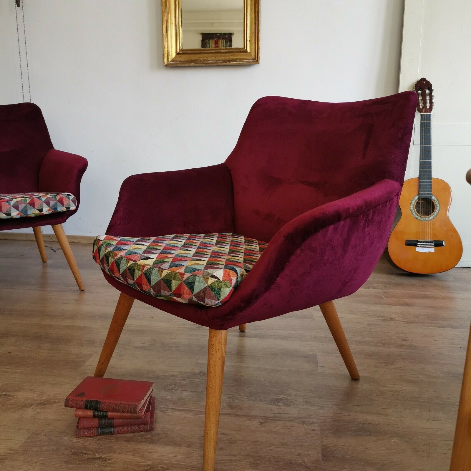 Set Of 2 Upholstered Mid Century Burgundy Geometric Armchair 1950’s photo for sale