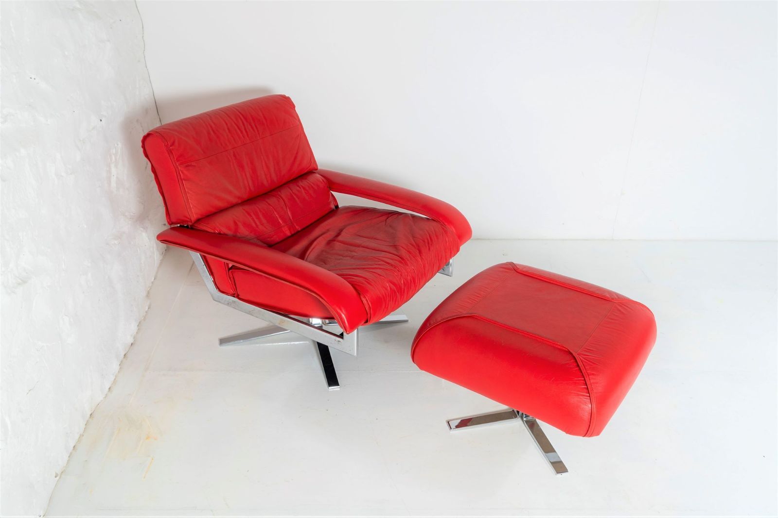 Mid Century Pieff Red Leather Tubular Chrome Swivel Chair With Footstool Ottoman photo Furniture