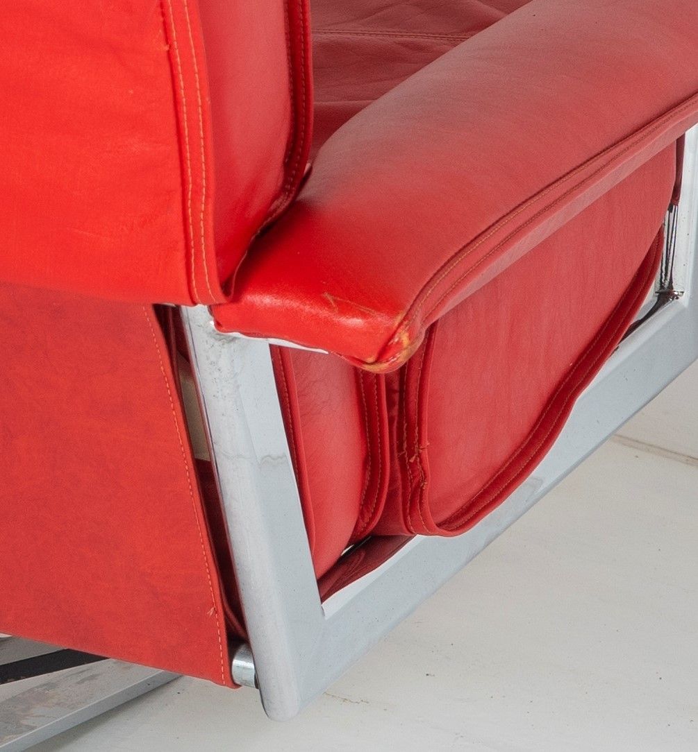 Furniture Mid Century Pieff Red Leather Tubular Chrome Swivel Chair With Footstool Ottoman photo