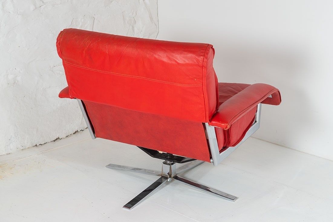 photo buy Mid Century Pieff Red Leather Tubular Chrome Swivel Chair With Footstool Ottoman