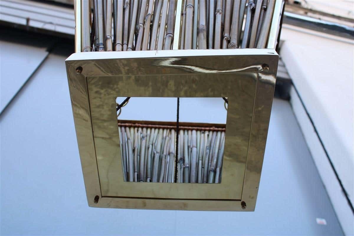 Italian Naturalistic Lantern Chandelier 1970s Bamboo Brass Gold Crespi Style photo furniture