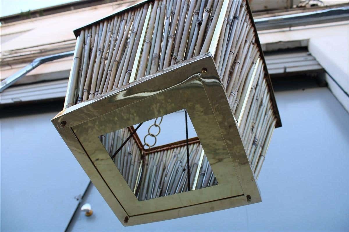 photo for sale Italian Naturalistic Lantern Chandelier 1970s Bamboo Brass Gold Crespi Style