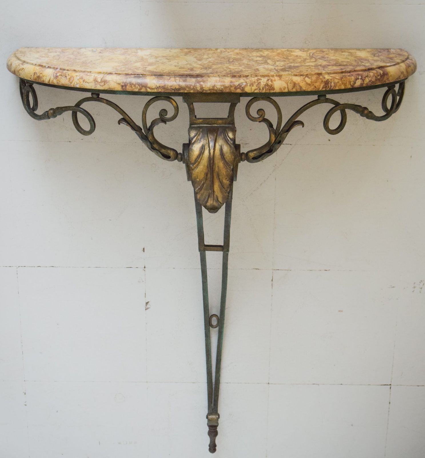 Antiek Consoletafel Met Marmeren Blad En Ijzerwerk Met Verdigris Patina photo furniture