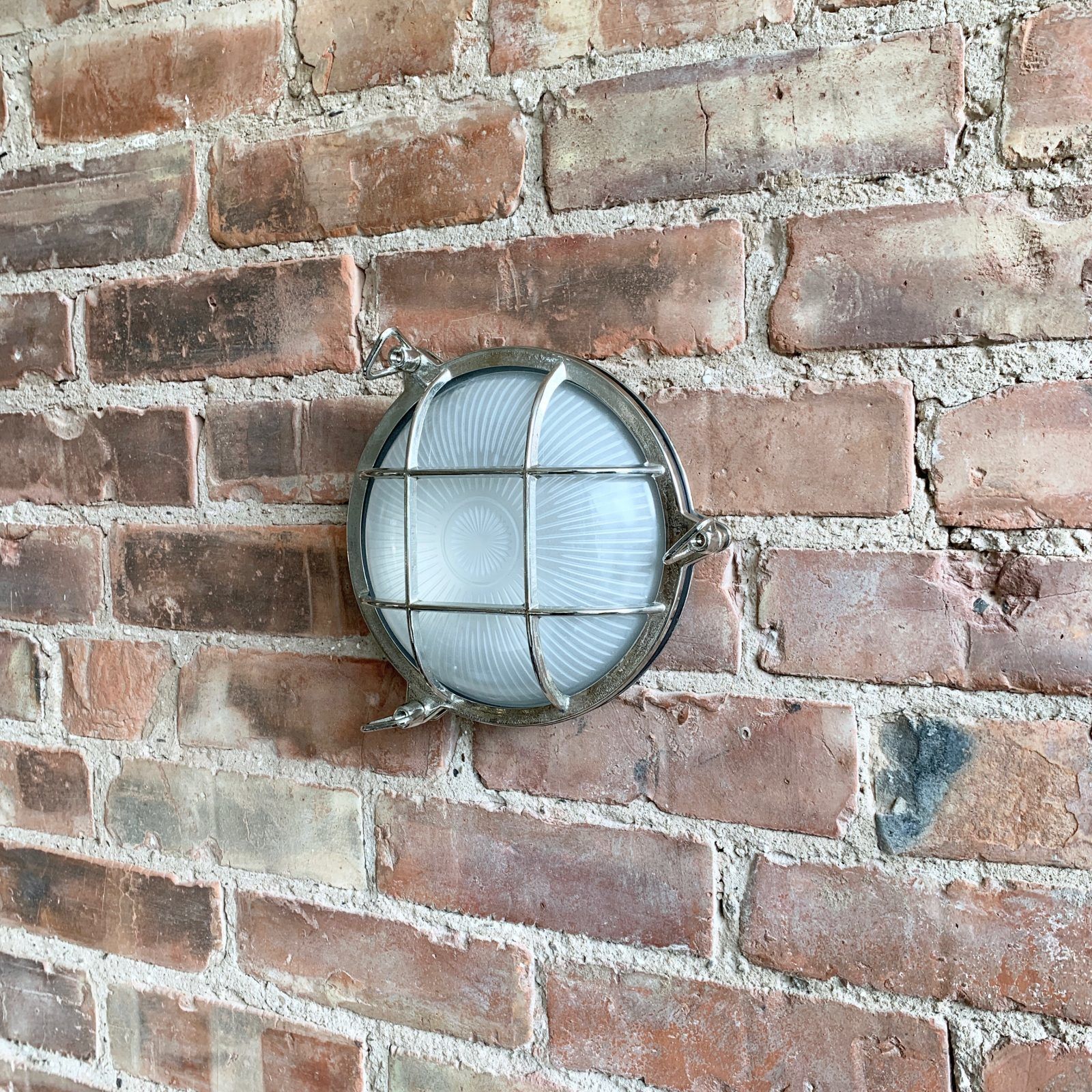 Contemporary Large Nickelled Brass Round Bulk Head Wall Light photo Garden Lighting