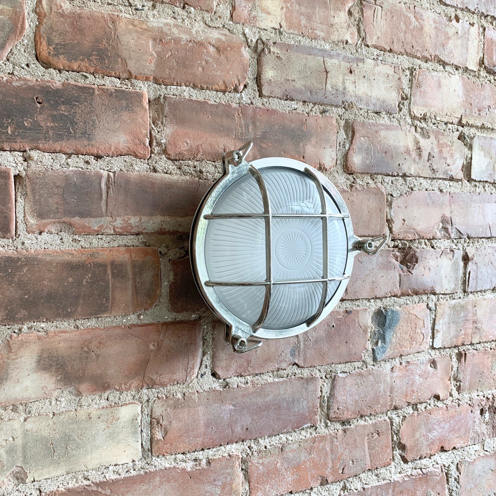 Contemporary Large Nickelled Brass Round Bulk Head Wall Light photo 135.0