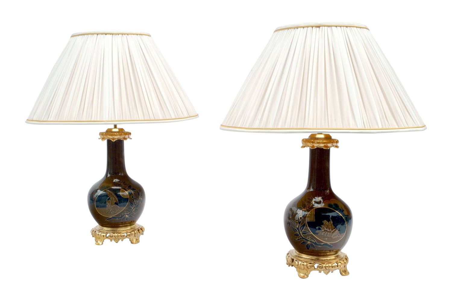 Pair Of Brown And Blue Japanese Porcelain Lamps, 19th Century