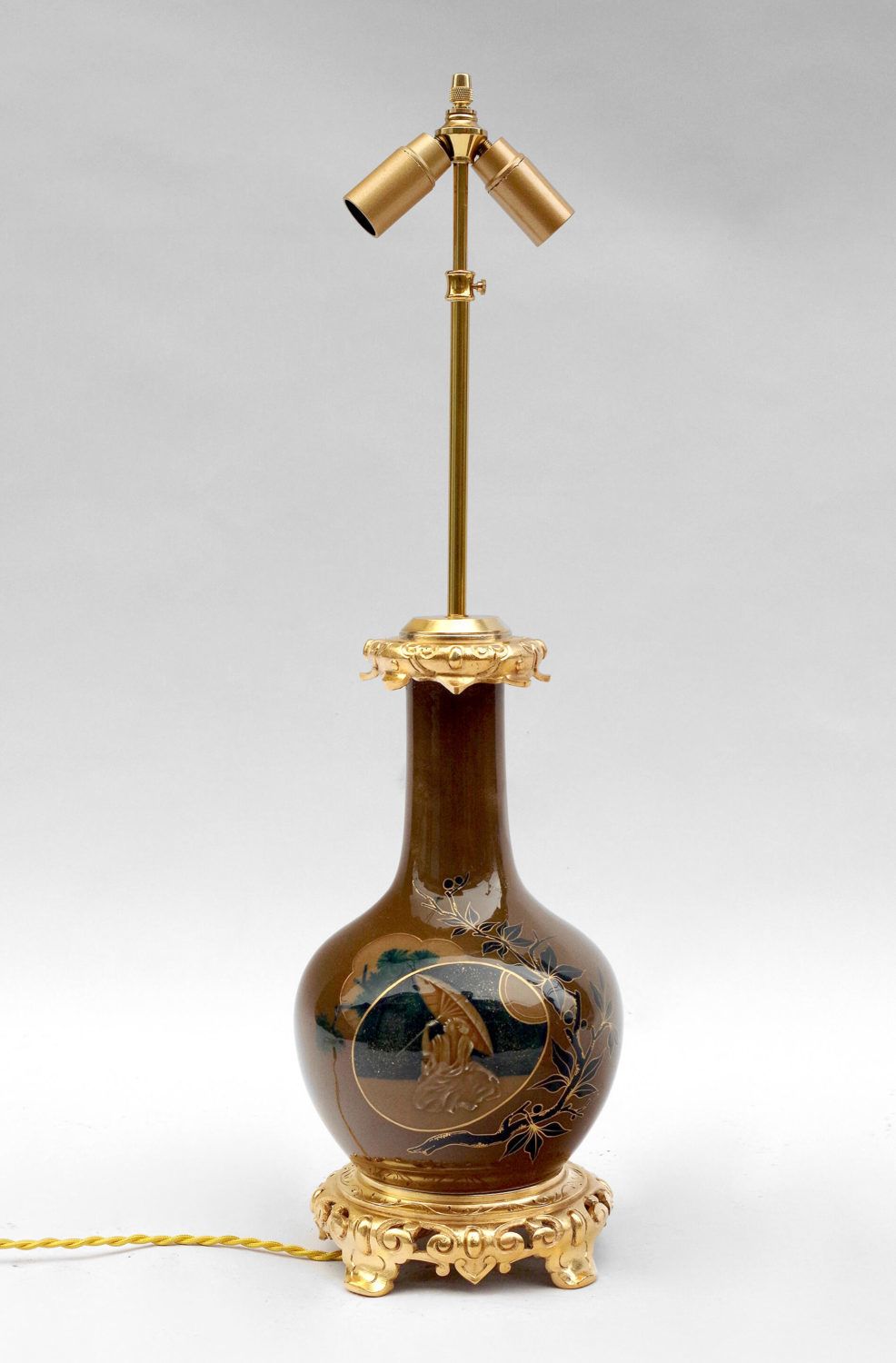 Pair Of Brown And Blue Japanese Porcelain Lamps, 19th Century photo for sale