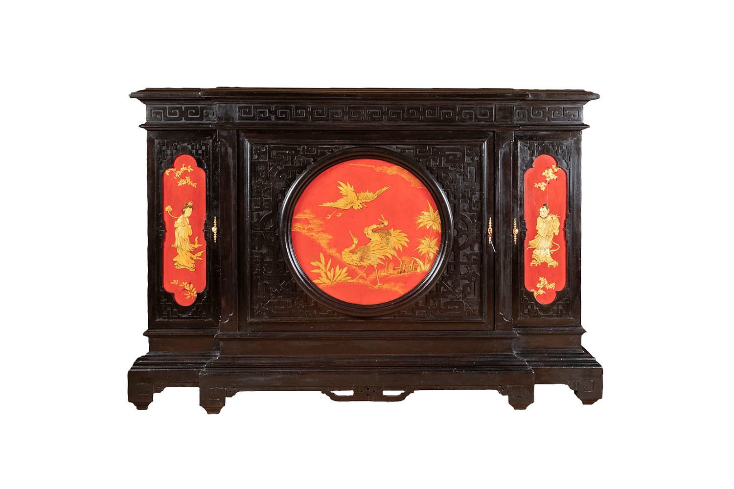 Large Chinese Support Cabinet In Black, Red And Gold Lacquered Wood, Circa 1880