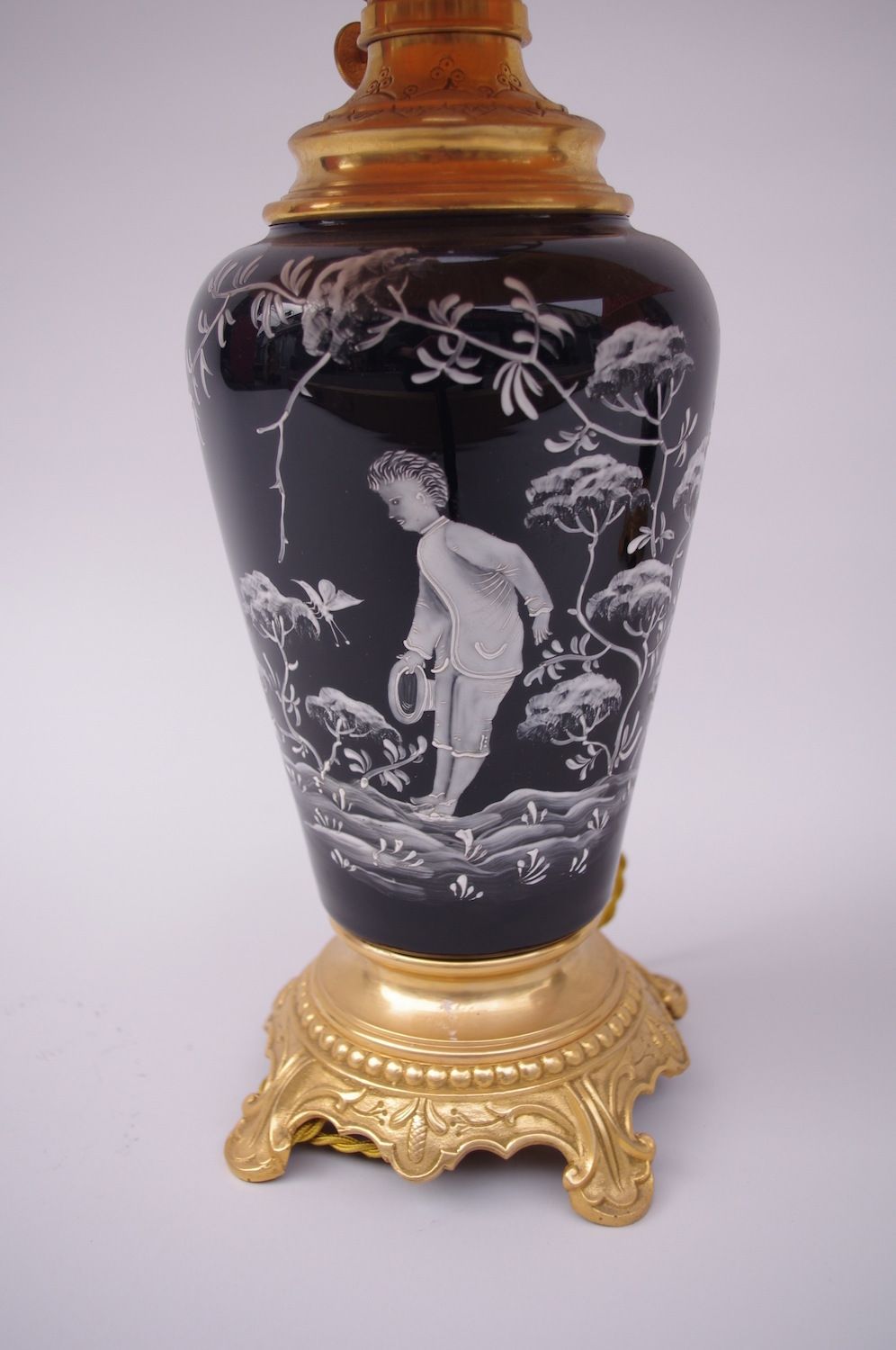 Pair Of Black Opaline Lamps, White Enamelled Decor, Late 19th Century photo furniture