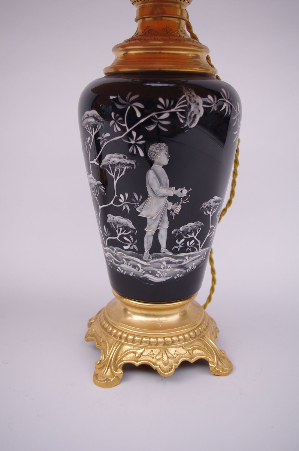 Pair Of Black Opaline Lamps, White Enamelled Decor, Late 19th Century photo for sale