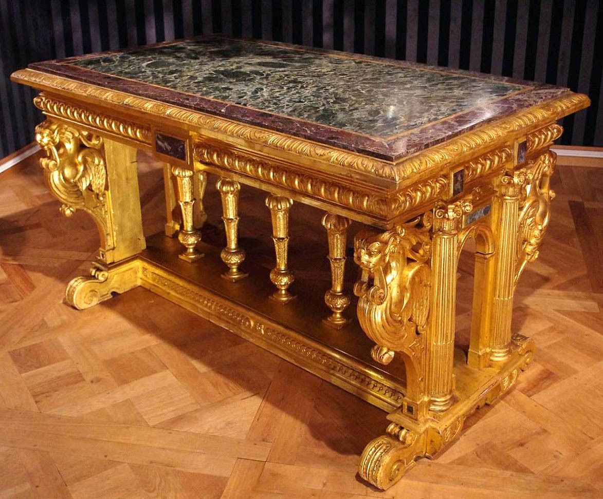 Renaissance Style Table In Gilded Wood And Marble, 19th Century photo buy