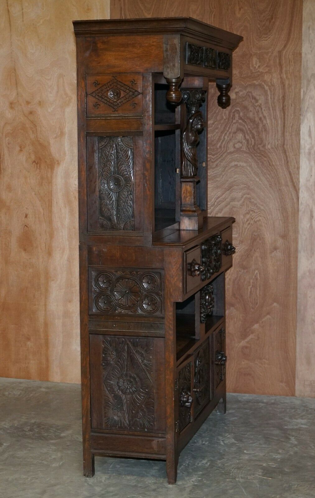 Large Heavily Carved Bookcase Cupboard With Ornate Cherub Putti & Lion Figures photo vintage
