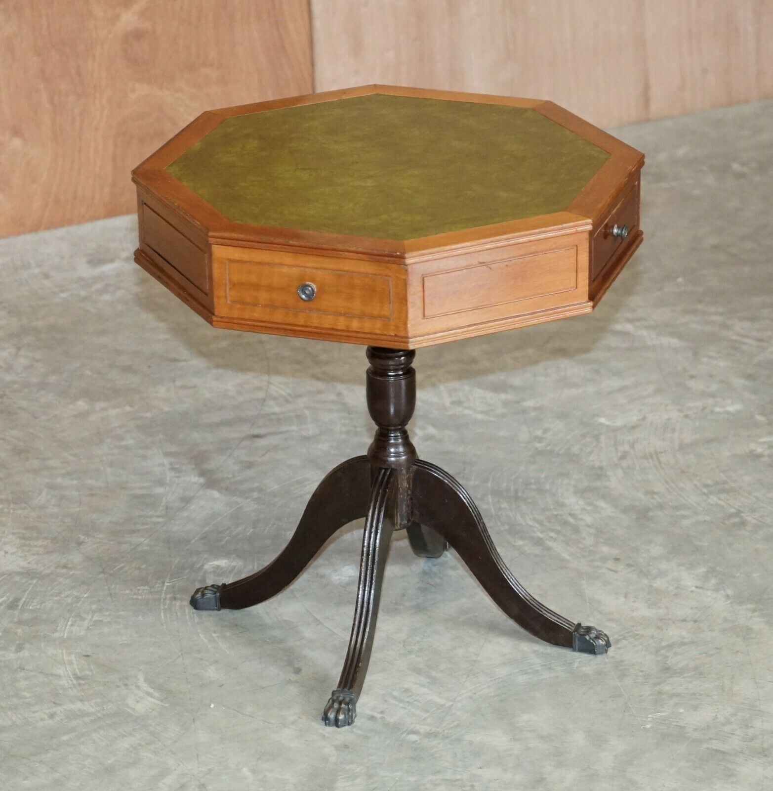 Nice Regency Style Mahogany Green Leather Side End Lamp Wine Drum Table Drawers photo furniture