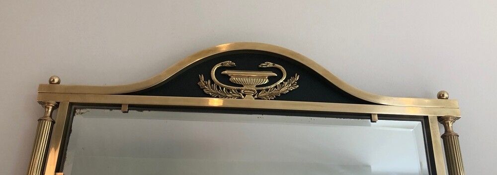 Neoclassical Style Brass And Lacquered Metal Mirror With Cup And Swan Necks. French. Circa 1940 photo for sale