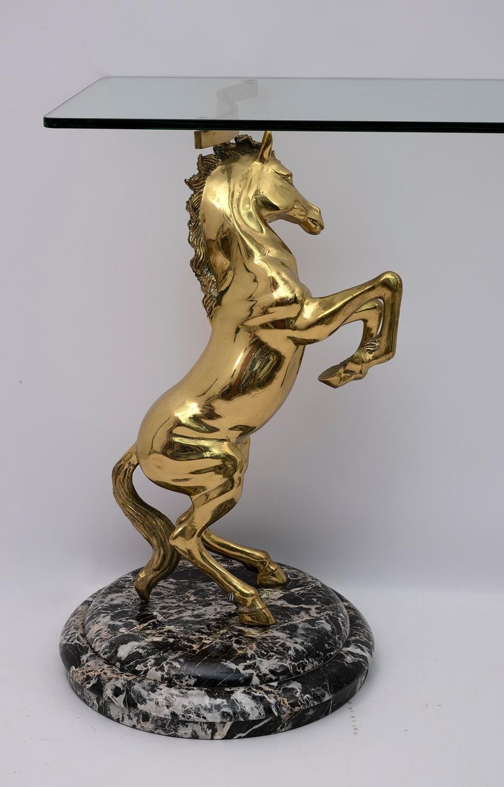 Mid Century Modern Italian Brass Horses And Marble Bases Console Table, 1970s photo for sale