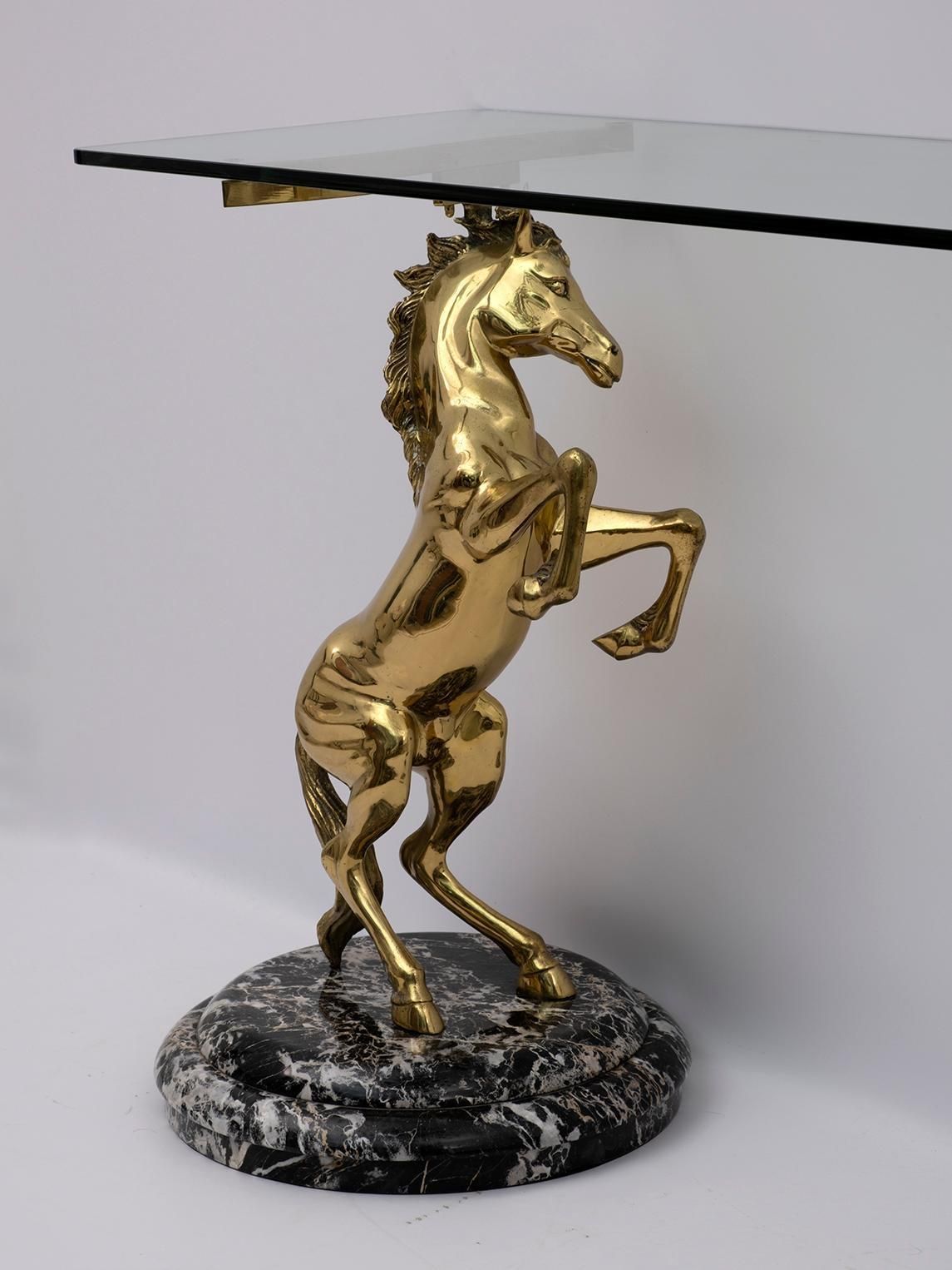 Mid Century Modern Italian Brass Horses And Marble Bases Console Table, 1970s photo vinterior