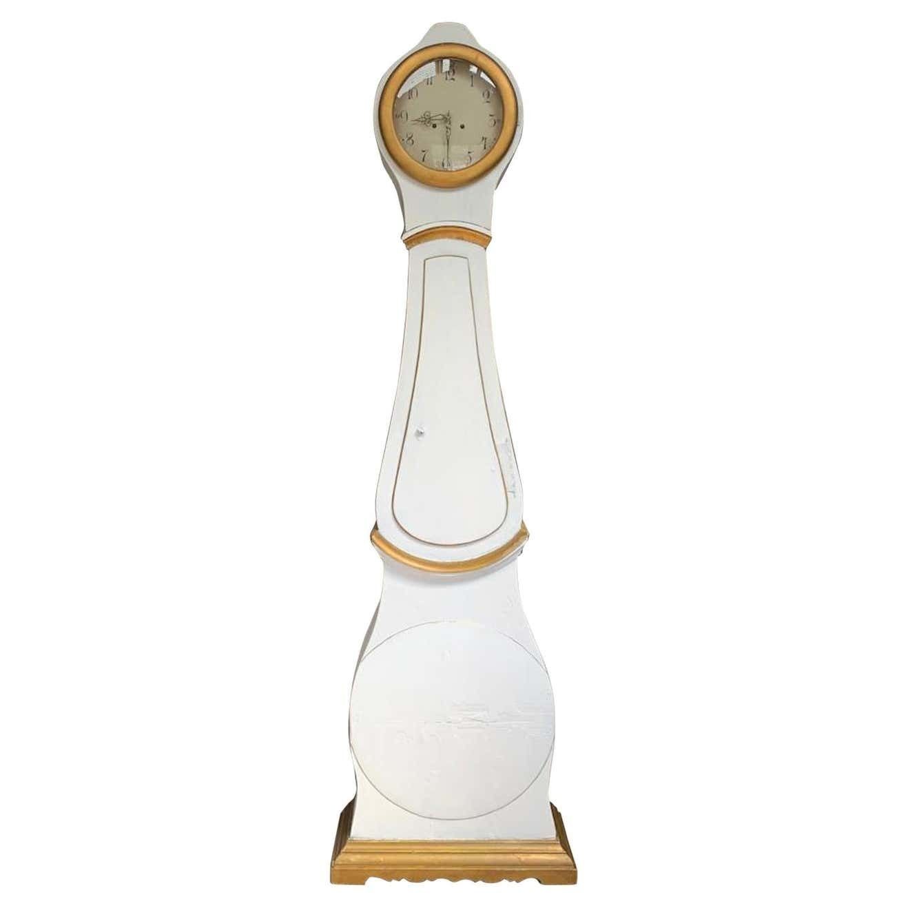 Swedish Mora Clock White And Gold Carved Detail Early 1800s Round Base Gustavian