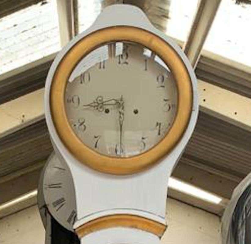 Swedish Mora Clock White And Gold Carved Detail Early 1800s Round Base Gustavian photo furniture