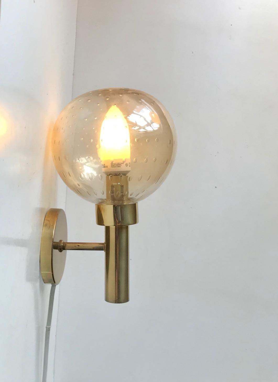 Scandinavian Brass & Bubble Art Glass Wall Sconce By Vitrika 1970s photo Lighting
