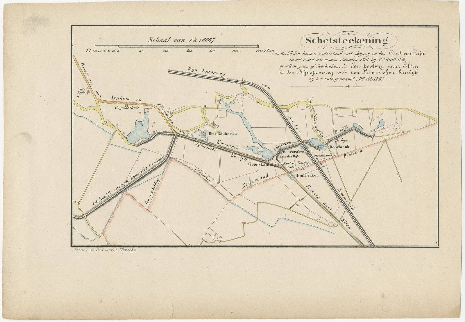 Antique Map Of The Breaches Of The Oude Rijn River (C.1890)