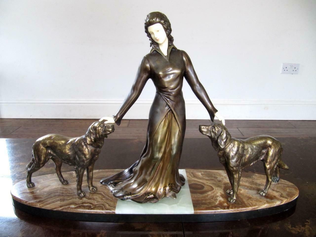 Art Deco Genuine Antique Figurine & Dogs Limousin Large Magnificent 65cm Wide