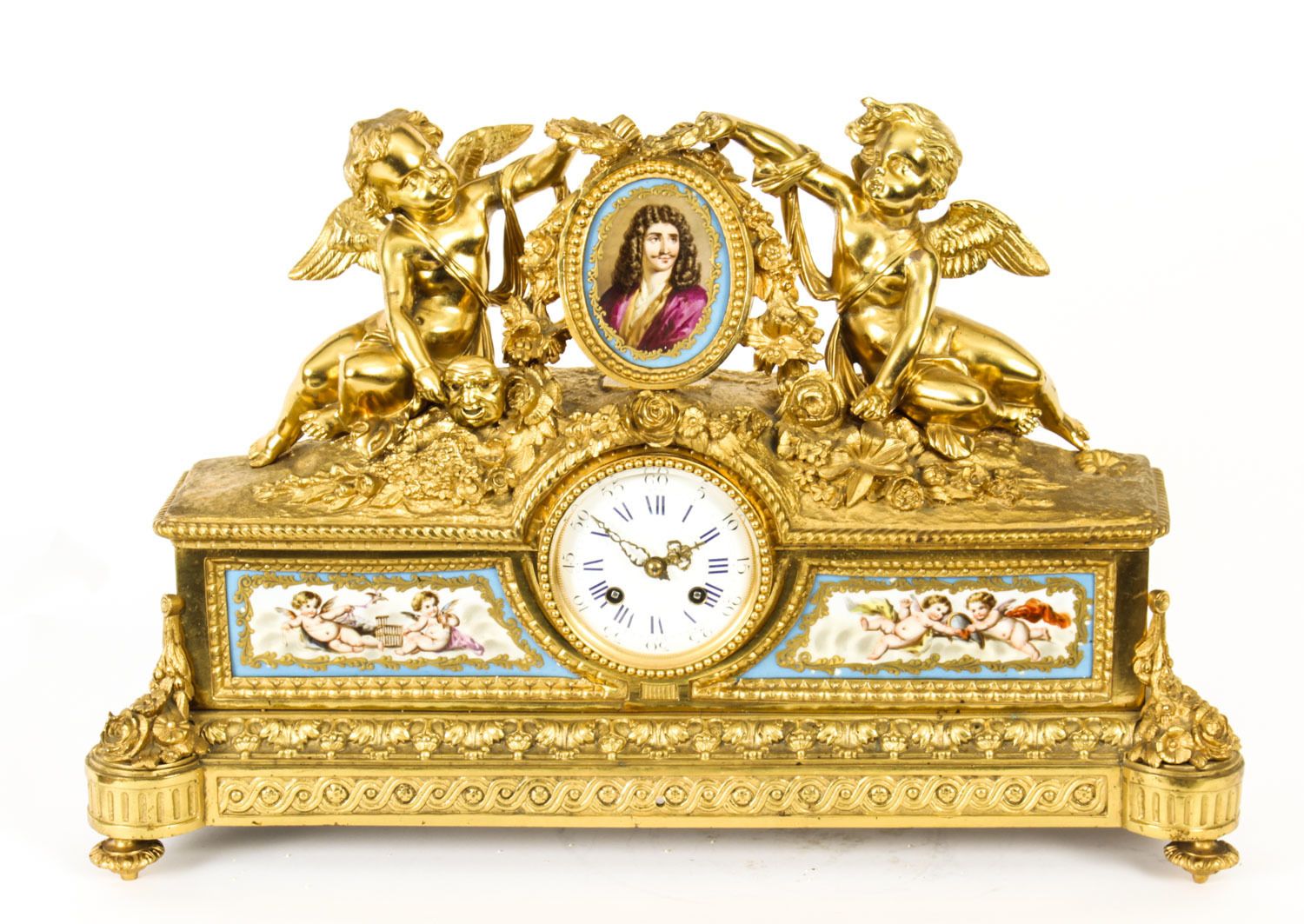 Antique French Gilt Bronze Clock With Portrait Plaque Of Molière C.1860