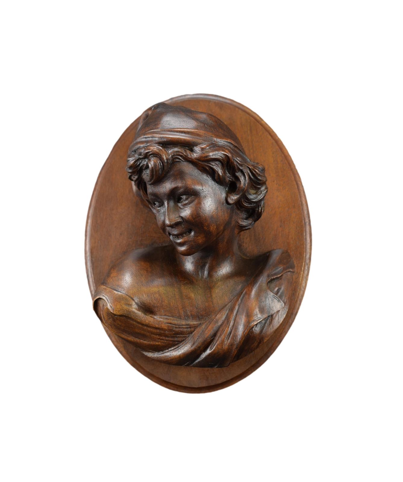The Laughing Neapolitan Carved Wood Wall Panel Medallion After Jb Carpeaux