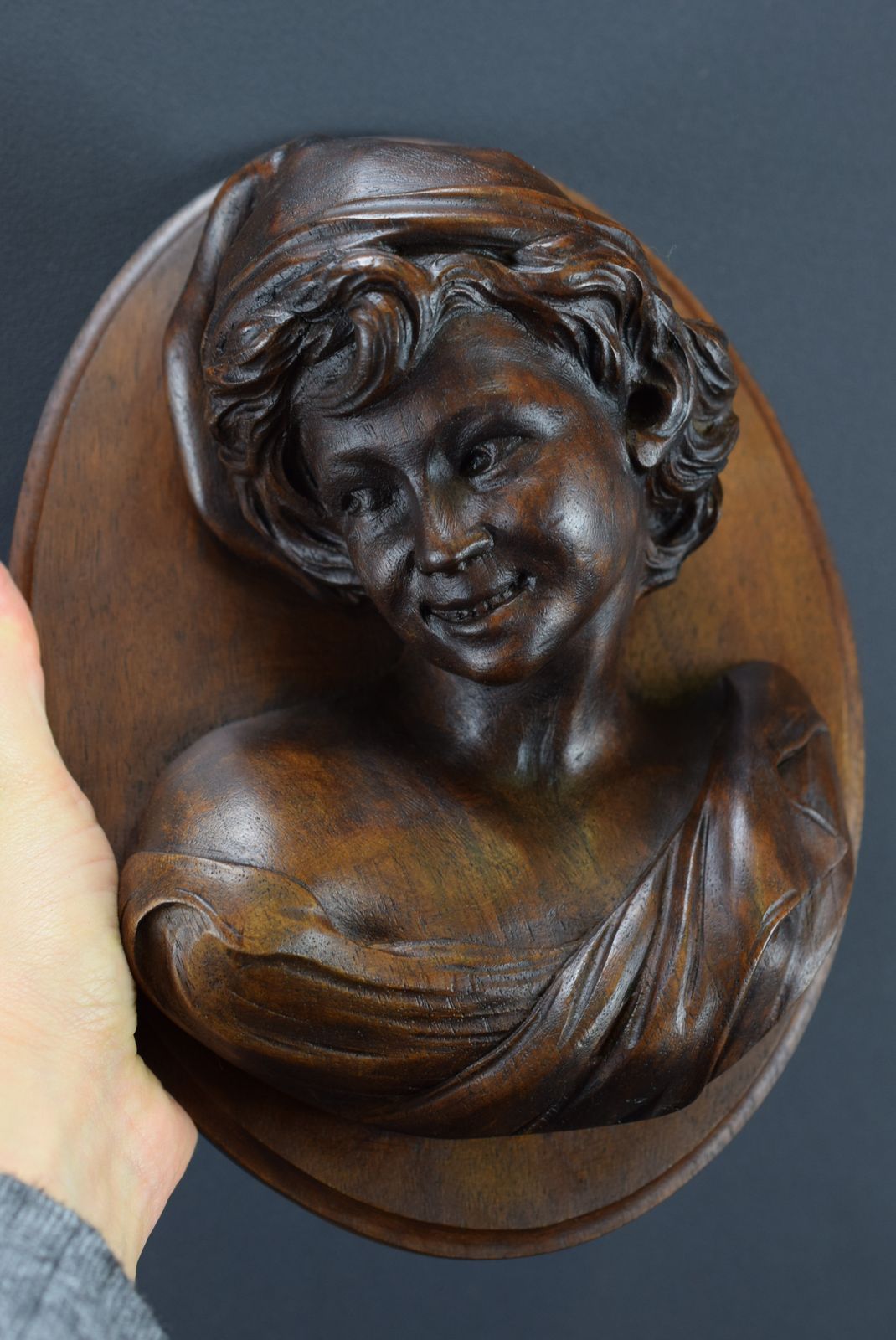 The Laughing Neapolitan Carved Wood Wall Panel Medallion After Jb Carpeaux photo vintage