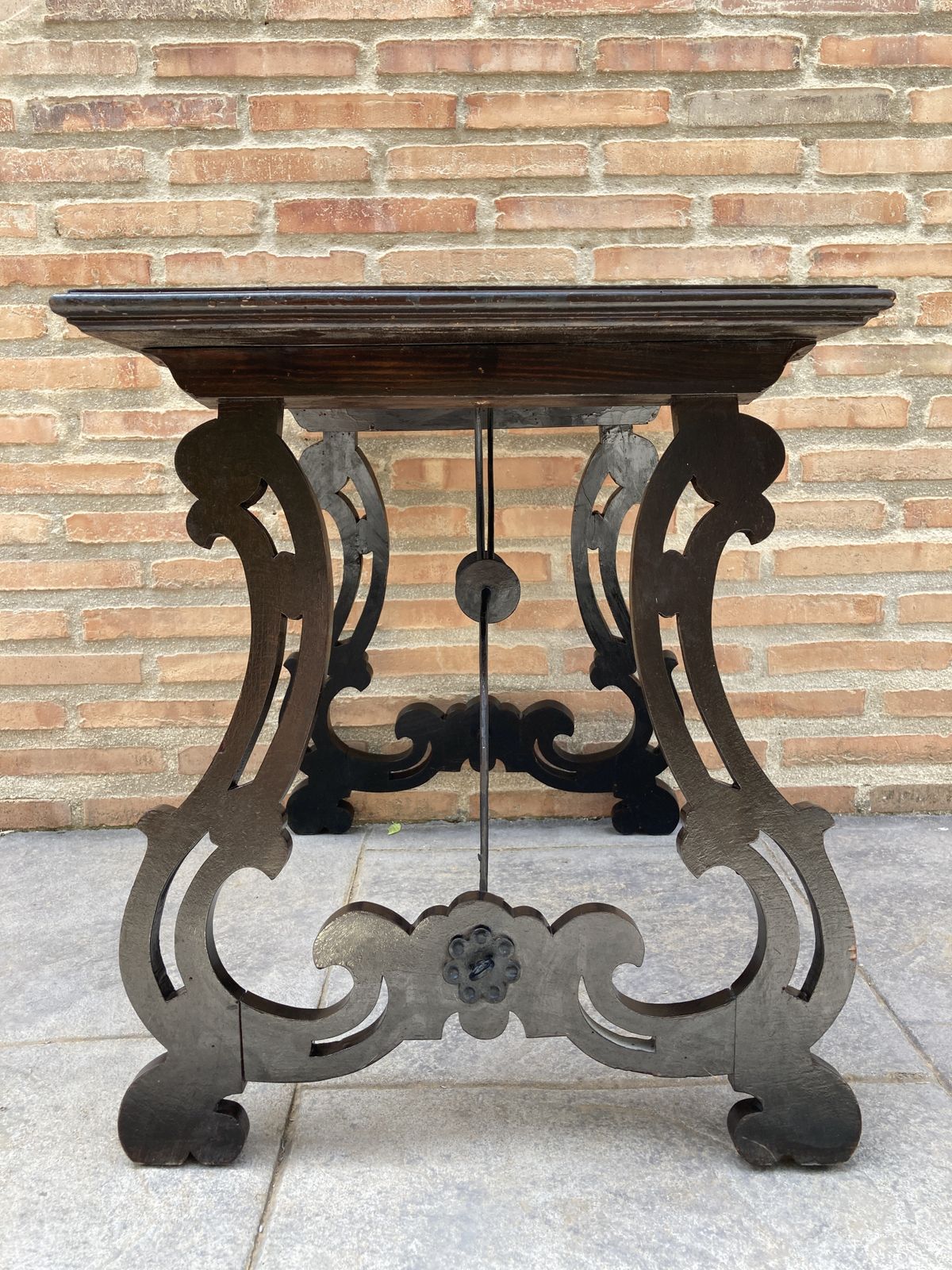 Furniture Spanish Early 19th Century Baroque Side Table With Lyre Legs And Marquetry Top photo